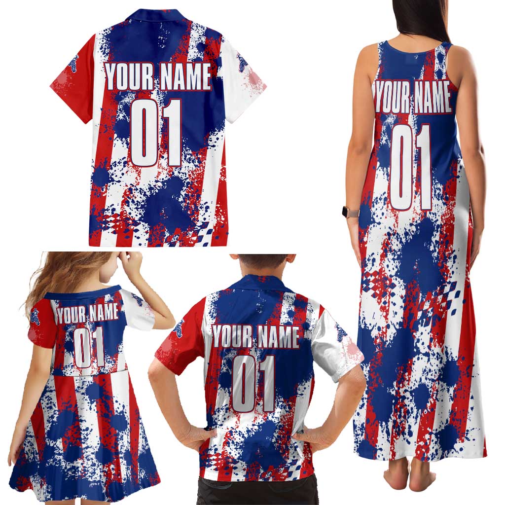 Moto X Skull Graphic Family Matching Tank Maxi Dress and Hawaiian Shirt with Red White Blue Splatter and Custom Number Design - Wonder Print Shop