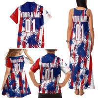 Moto X Skull Graphic Family Matching Tank Maxi Dress and Hawaiian Shirt with Red White Blue Splatter and Custom Number Design - Wonder Print Shop