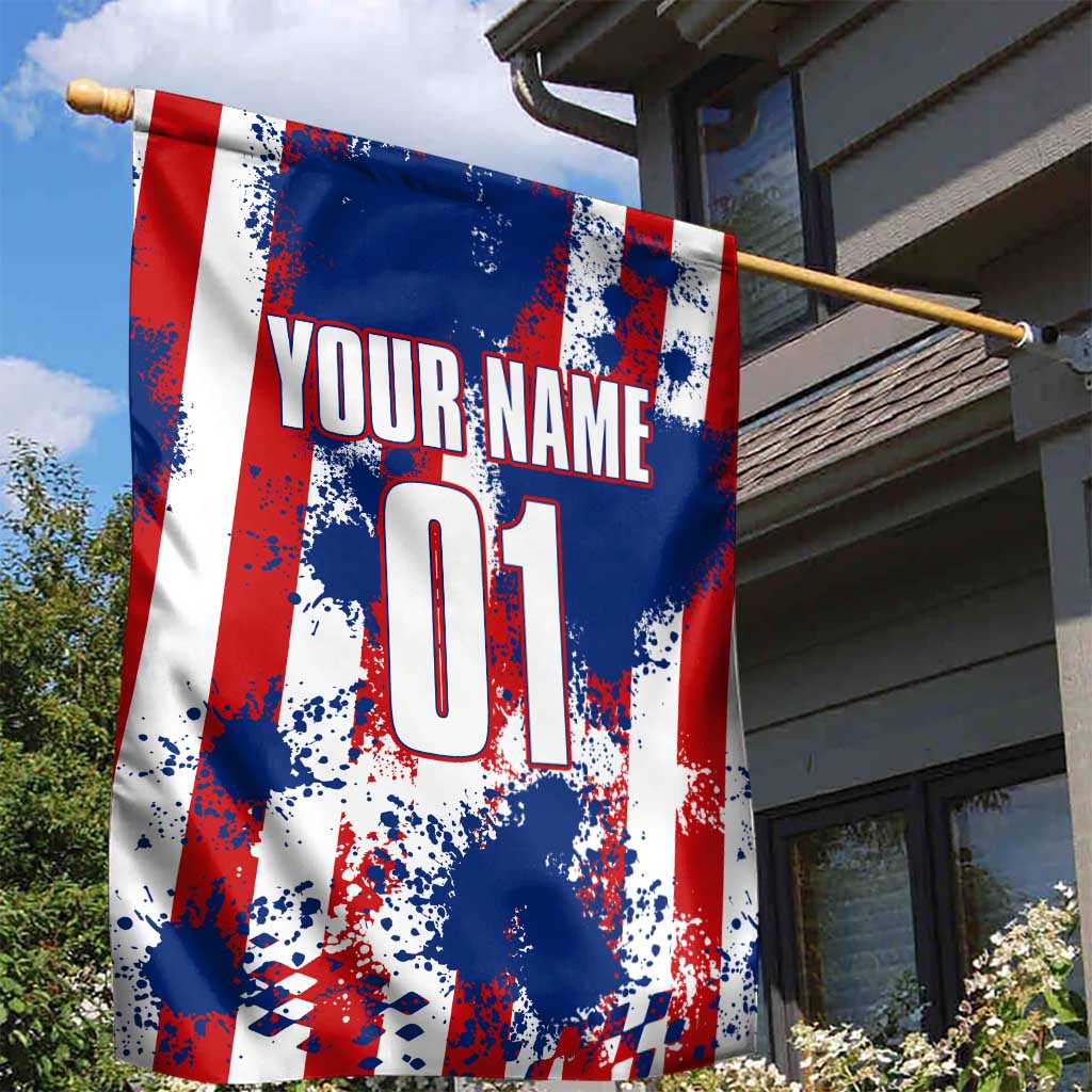 Moto X Skull Graphic Garden Flag with Red White Blue Splatter and Custom Number Design - Wonder Print Shop