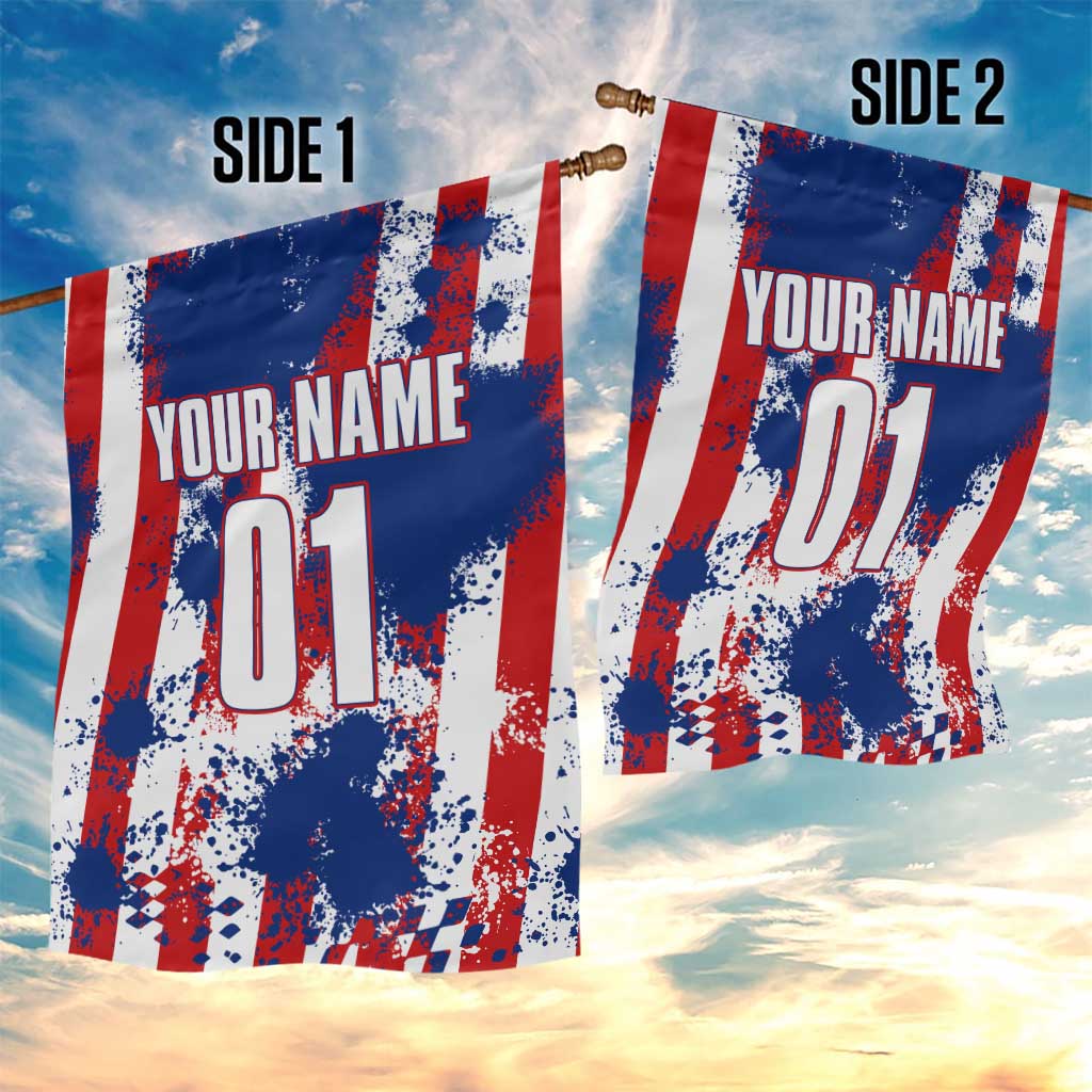 Moto X Skull Graphic Garden Flag with Red White Blue Splatter and Custom Number Design - Wonder Print Shop