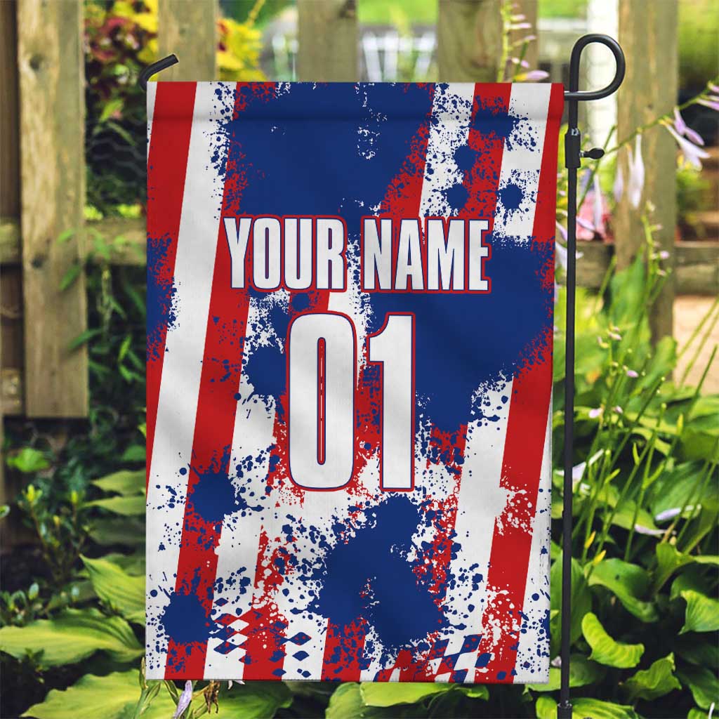 Moto X Skull Graphic Garden Flag with Red White Blue Splatter and Custom Number Design - Wonder Print Shop