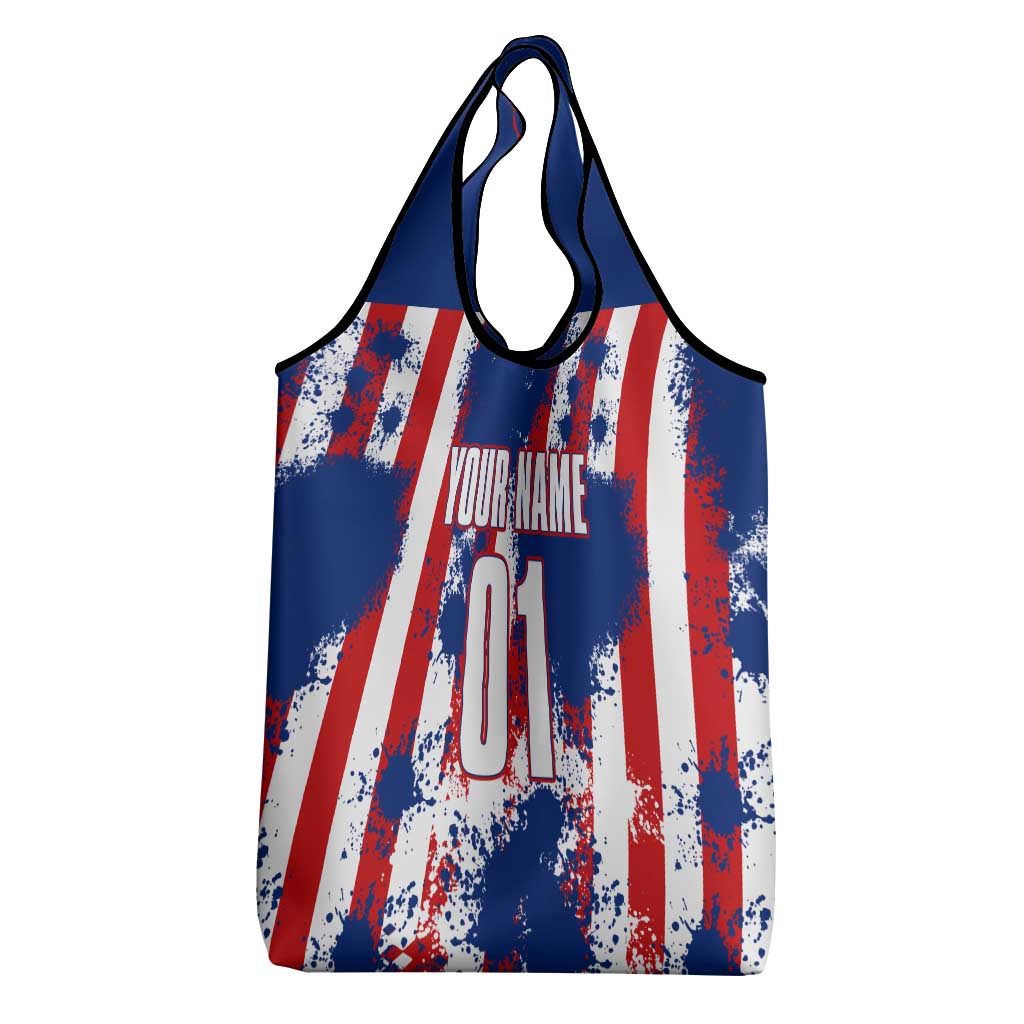 Moto X Skull Graphic Grocery Bag with Red White Blue Splatter and Custom Number Design - Wonder Print Shop