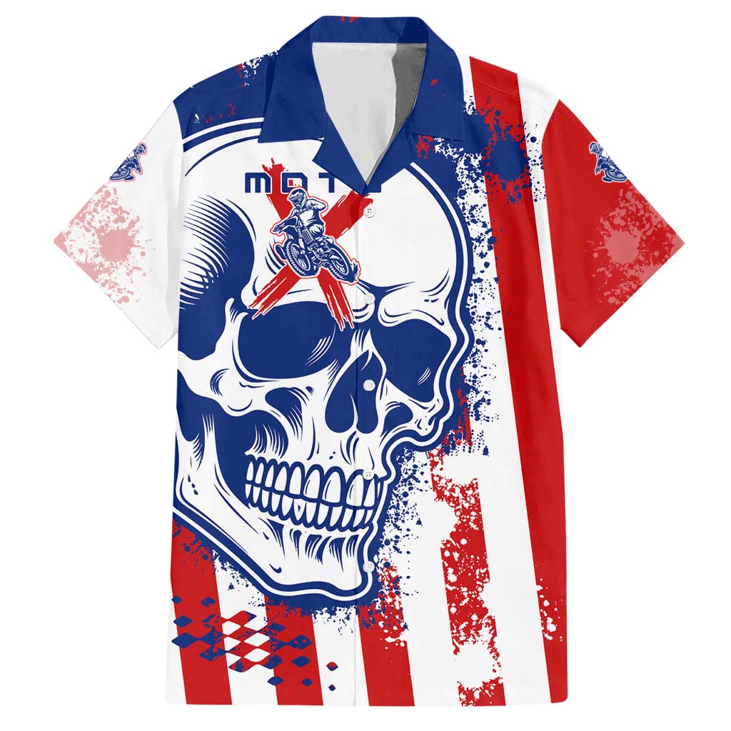 Moto X Skull Graphic Hawaiian Shirt with Red White Blue Splatter and Custom Number Design - Wonder Print Shop