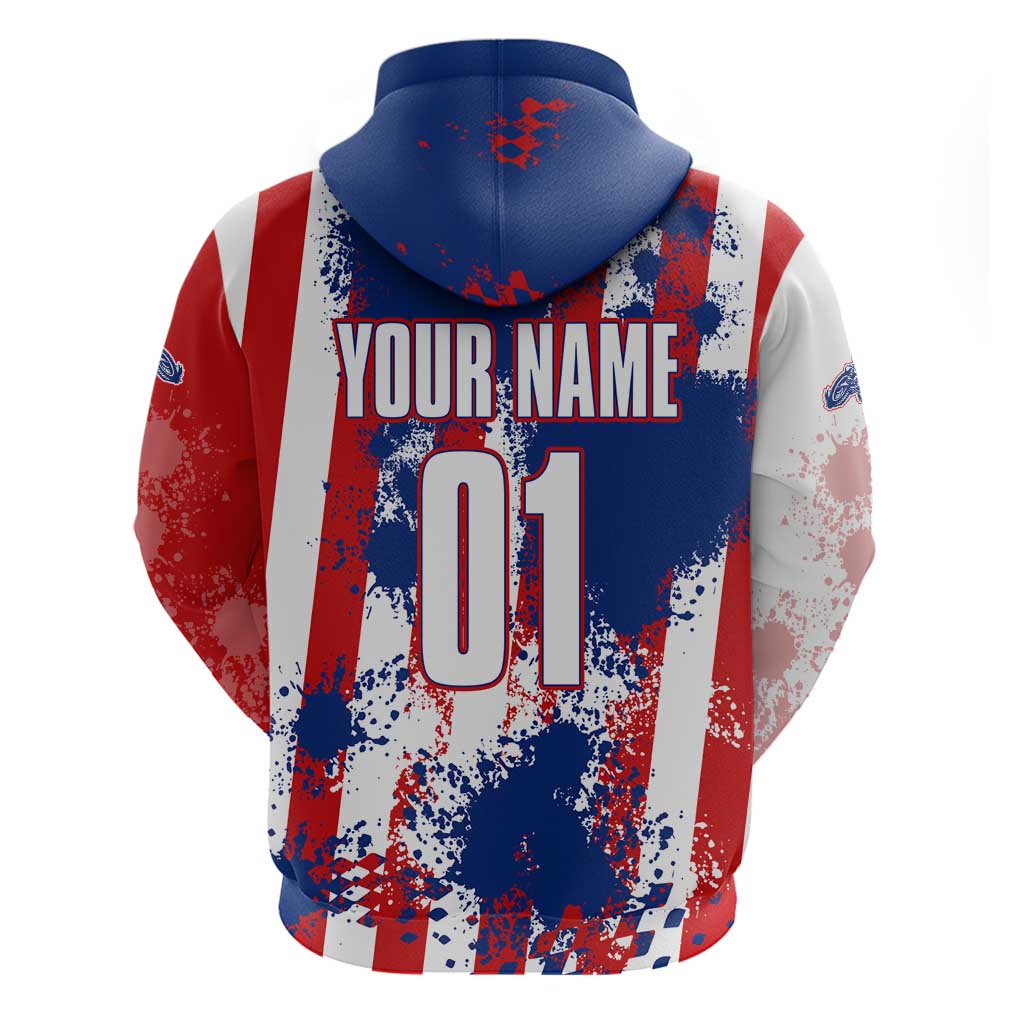 Moto X Skull Graphic Hoodie with Red White Blue Splatter and Custom Number Design - Wonder Print Shop
