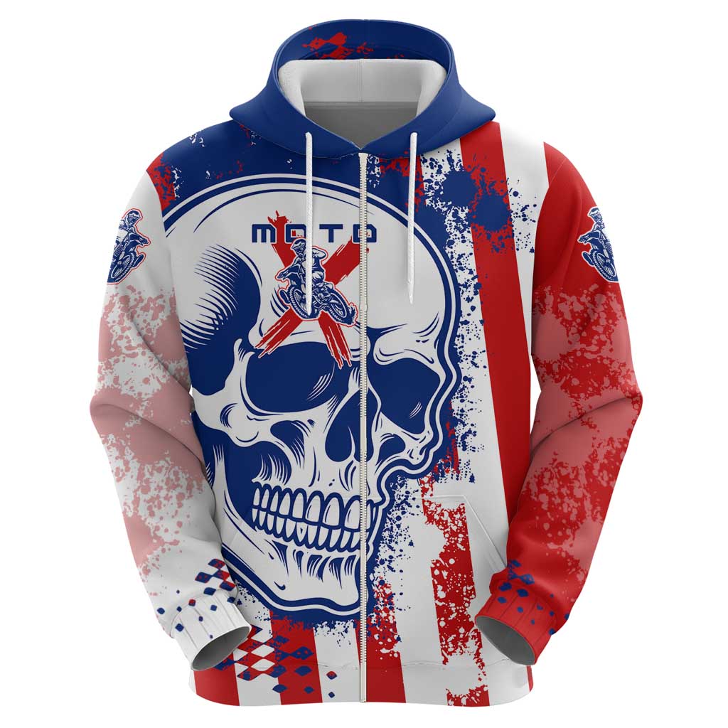 Moto X Skull Graphic Hoodie with Red White Blue Splatter and Custom Number Design - Wonder Print Shop