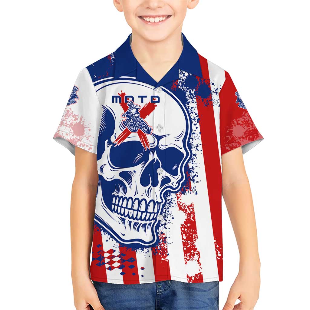 Moto X Skull Graphic Kid Hawaiian Shirt with Red White Blue Splatter and Custom Number Design - Wonder Print Shop