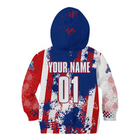 Moto X Skull Graphic Kid Hoodie with Red White Blue Splatter and Custom Number Design - Wonder Print Shop