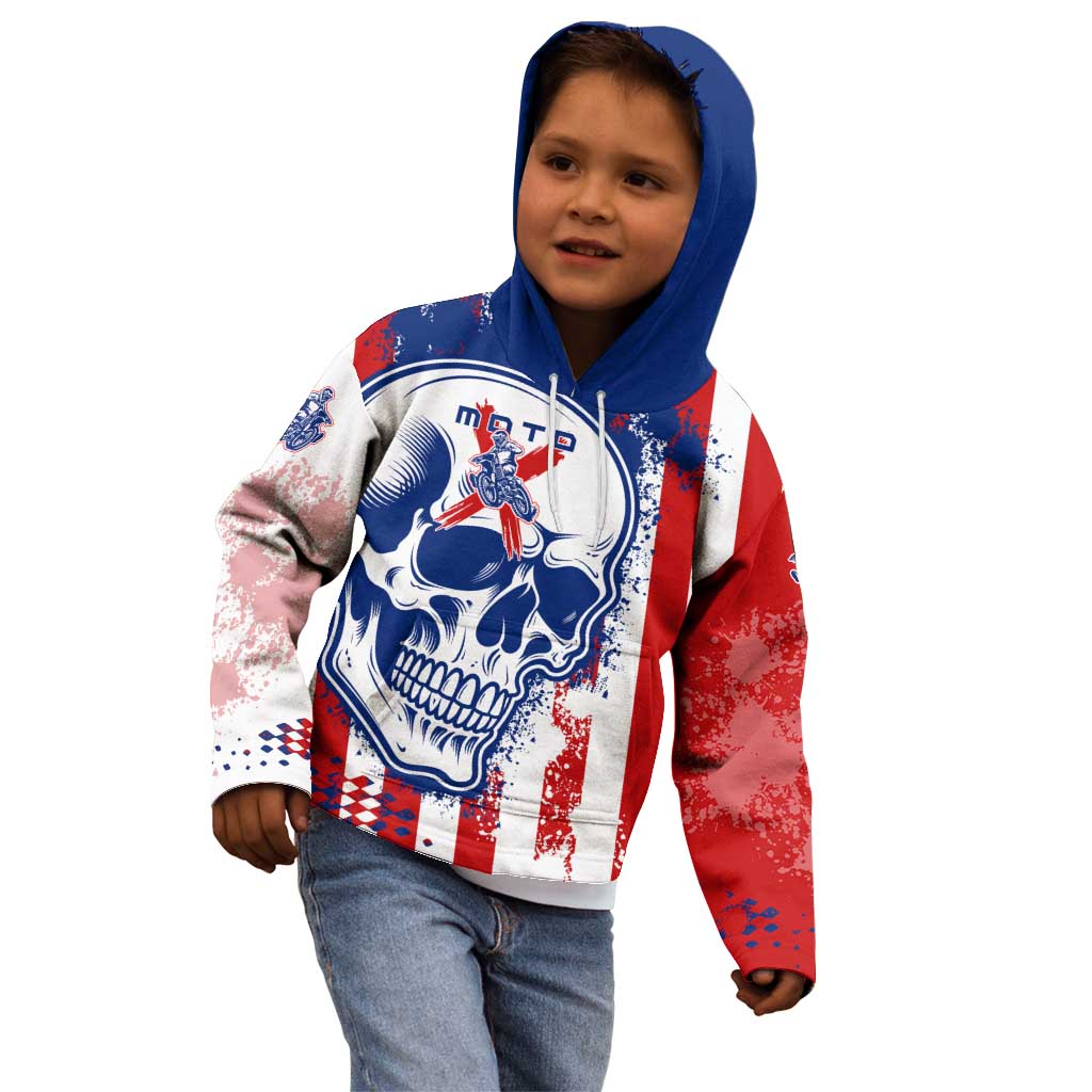 Moto X Skull Graphic Kid Hoodie with Red White Blue Splatter and Custom Number Design - Wonder Print Shop
