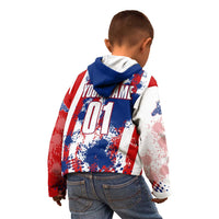 Moto X Skull Graphic Kid Hoodie with Red White Blue Splatter and Custom Number Design - Wonder Print Shop