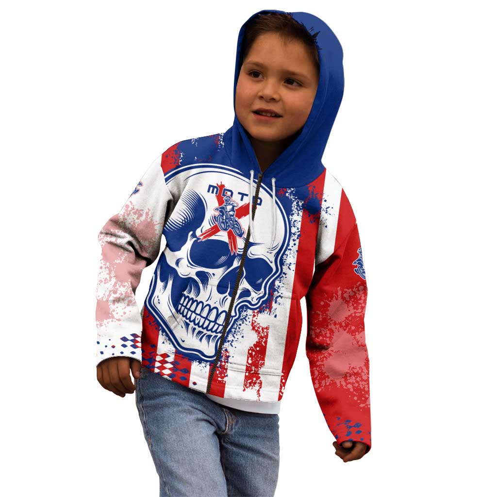 Moto X Skull Graphic Kid Hoodie with Red White Blue Splatter and Custom Number Design - Wonder Print Shop
