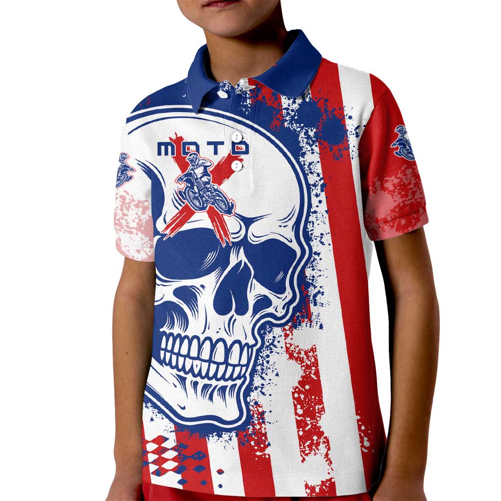 Moto X Skull Graphic Kid Polo Shirt with Red White Blue Splatter and Custom Number Design - Wonder Print Shop