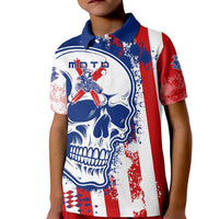 Moto X Skull Graphic Kid Polo Shirt with Red White Blue Splatter and Custom Number Design - Wonder Print Shop