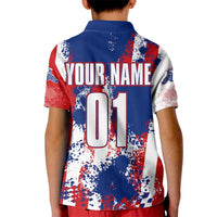 Moto X Skull Graphic Kid Polo Shirt with Red White Blue Splatter and Custom Number Design - Wonder Print Shop