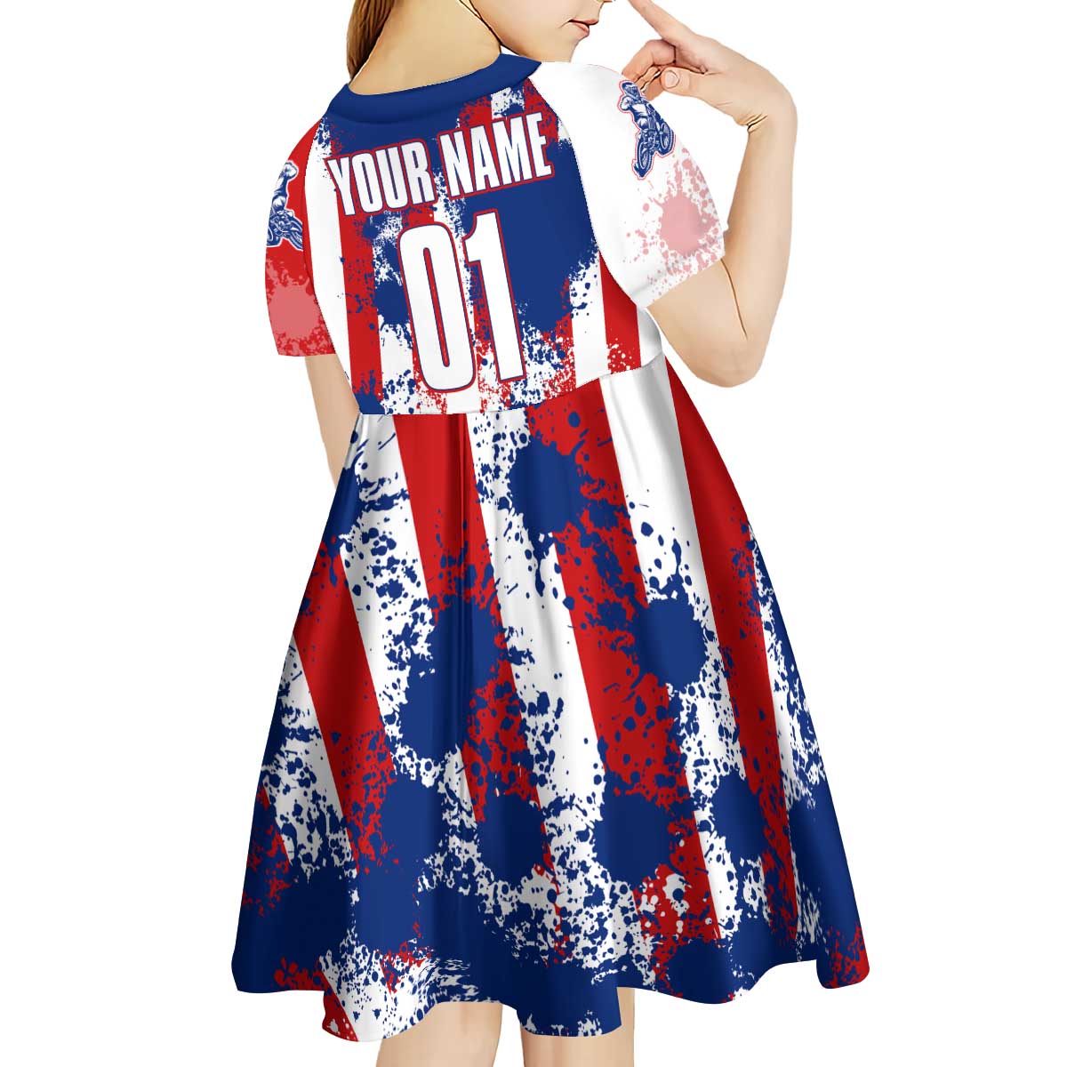 Moto X Skull Graphic Kid Short Sleeve Dress with Red White Blue Splatter and Custom Number Design - Wonder Print Shop