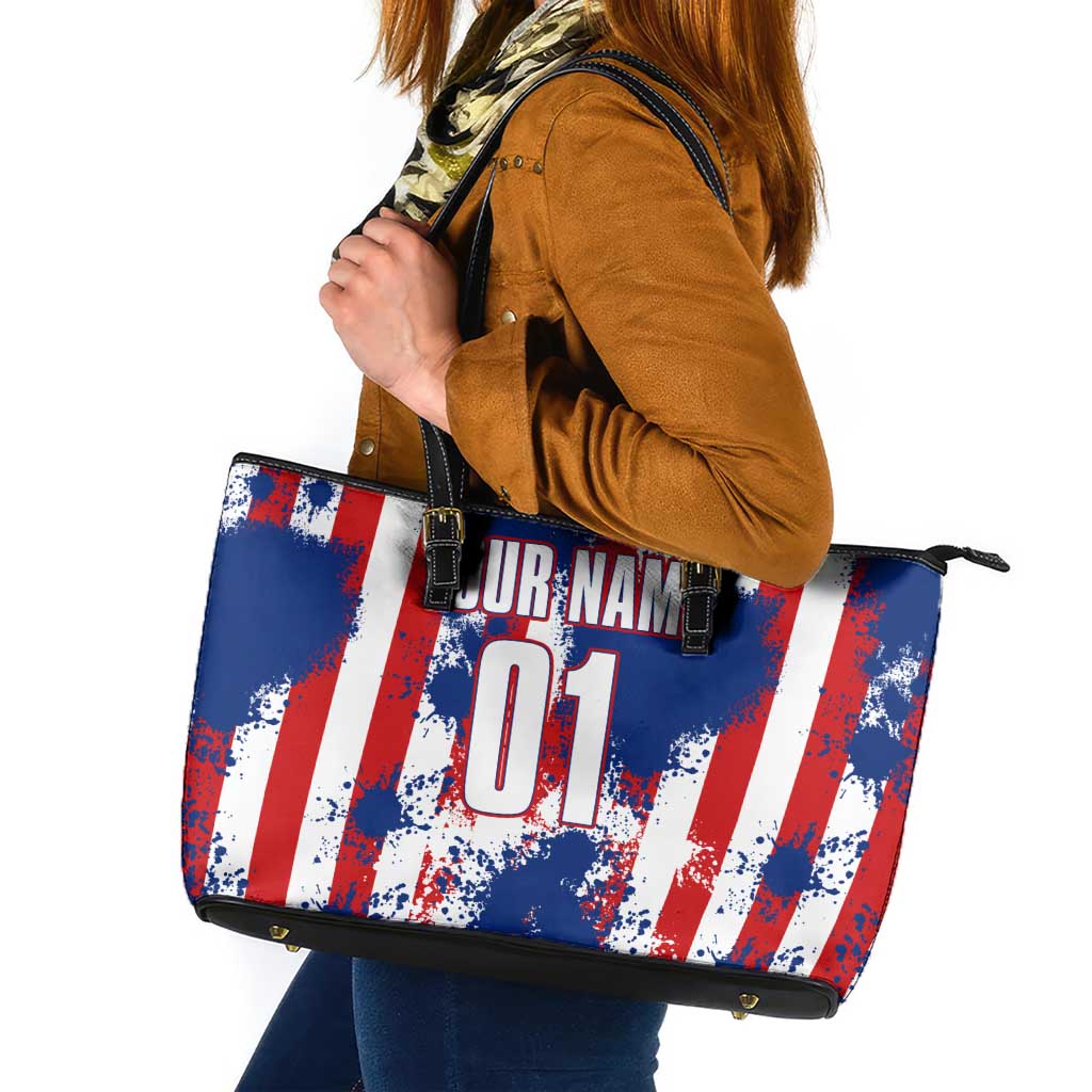 Moto X Skull Graphic Leather Tote Bag with Red White Blue Splatter and Custom Number Design - Wonder Print Shop