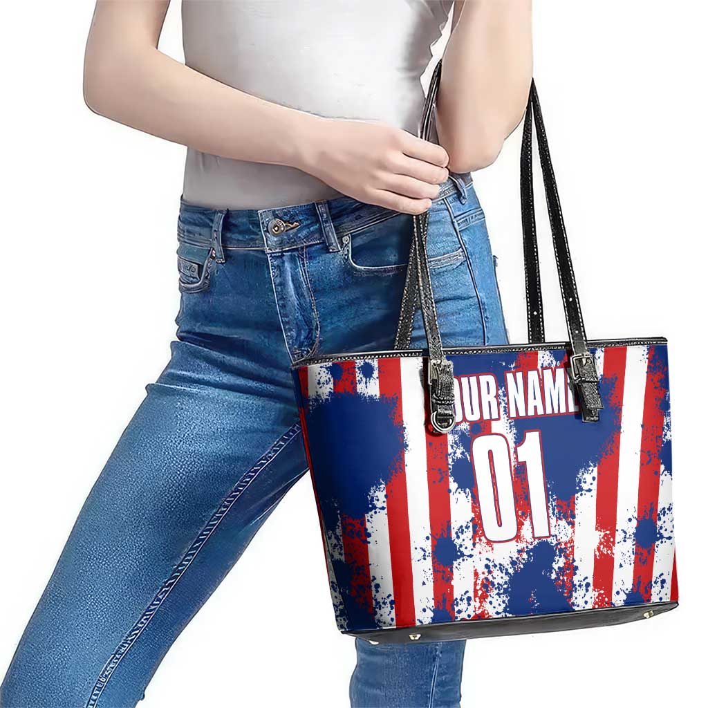 Moto X Skull Graphic Leather Tote Bag with Red White Blue Splatter and Custom Number Design - Wonder Print Shop