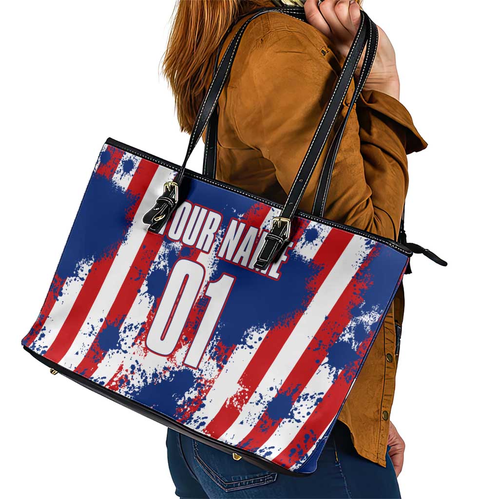 Moto X Skull Graphic Leather Tote Bag with Red White Blue Splatter and Custom Number Design - Wonder Print Shop