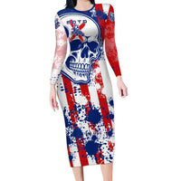 Moto X Skull Graphic Long Sleeve Bodycon Dress with Red White Blue Splatter and Custom Number Design - Wonder Print Shop