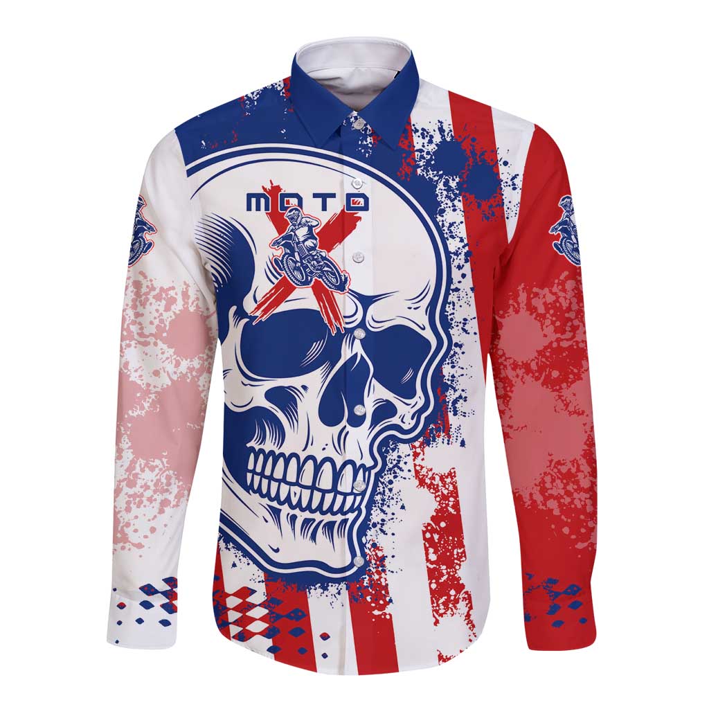 Moto X Skull Graphic Long Sleeve Button Shirt with Red White Blue Splatter and Custom Number Design - Wonder Print Shop