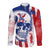 Moto X Skull Graphic Long Sleeve Button Shirt with Red White Blue Splatter and Custom Number Design - Wonder Print Shop