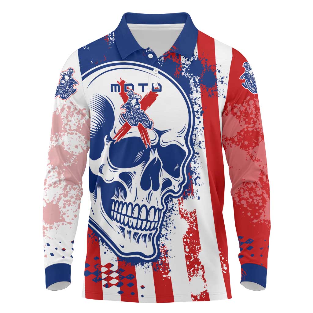 Moto X Skull Graphic Long Sleeve Polo Shirt with Red White Blue Splatter and Custom Number Design - Wonder Print Shop