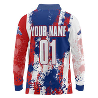 Moto X Skull Graphic Long Sleeve Polo Shirt with Red White Blue Splatter and Custom Number Design - Wonder Print Shop