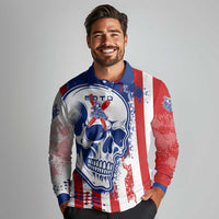 Moto X Skull Graphic Long Sleeve Polo Shirt with Red White Blue Splatter and Custom Number Design - Wonder Print Shop