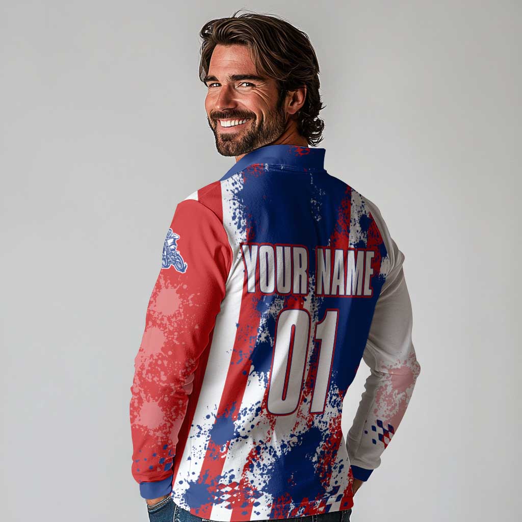 Moto X Skull Graphic Long Sleeve Polo Shirt with Red White Blue Splatter and Custom Number Design - Wonder Print Shop