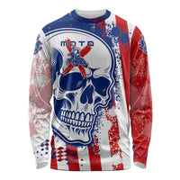 Moto X Skull Graphic Long Sleeve Shirt with Red White Blue Splatter and Custom Number Design - Wonder Print Shop