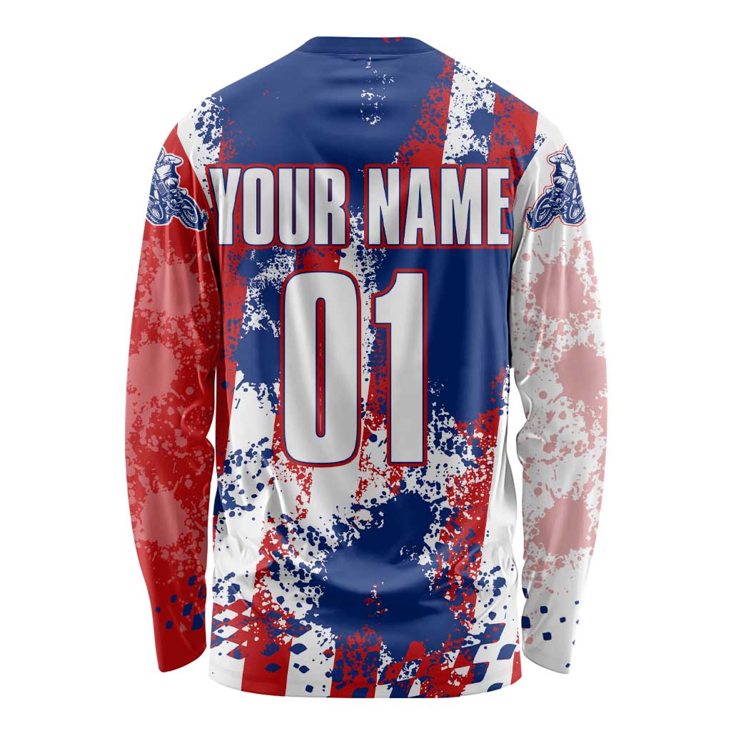 Moto X Skull Graphic Long Sleeve Shirt with Red White Blue Splatter and Custom Number Design - Wonder Print Shop
