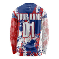 Moto X Skull Graphic Long Sleeve Shirt with Red White Blue Splatter and Custom Number Design - Wonder Print Shop