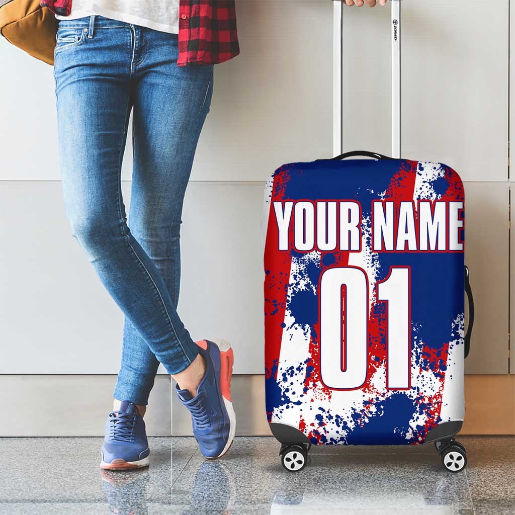 Moto X Skull Graphic Luggage Cover with Red White Blue Splatter and Custom Number Design - Wonder Print Shop
