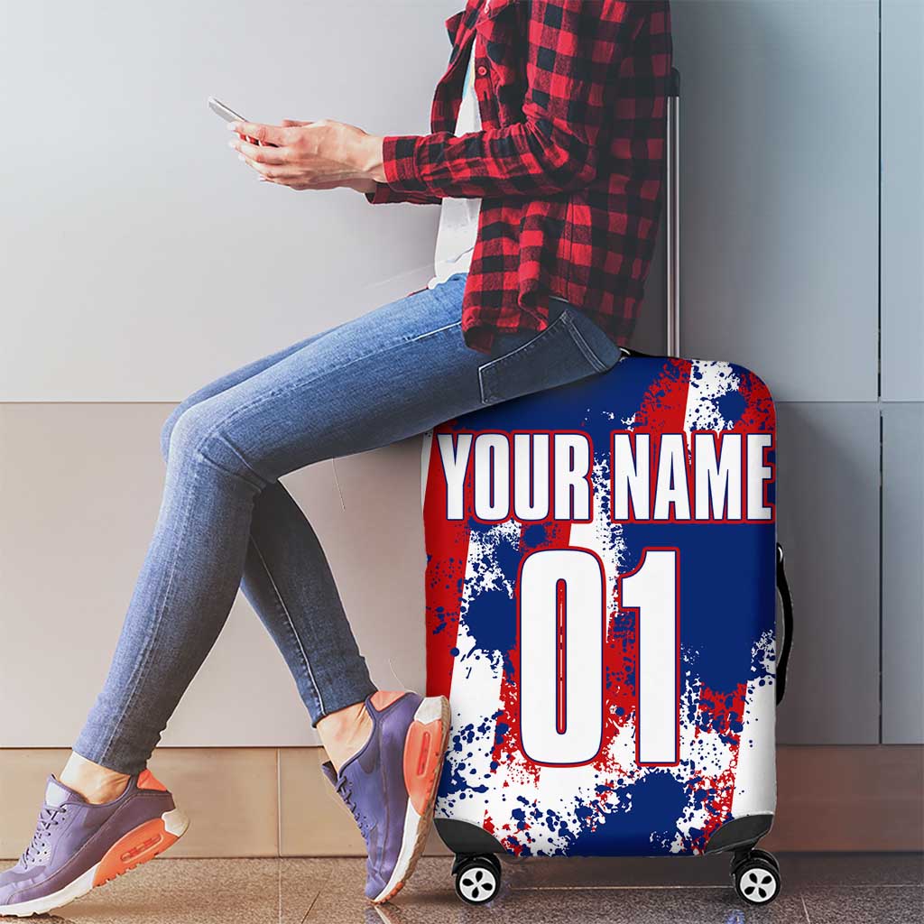 Moto X Skull Graphic Luggage Cover with Red White Blue Splatter and Custom Number Design - Wonder Print Shop