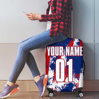 Moto X Skull Graphic Luggage Cover with Red White Blue Splatter and Custom Number Design - Wonder Print Shop