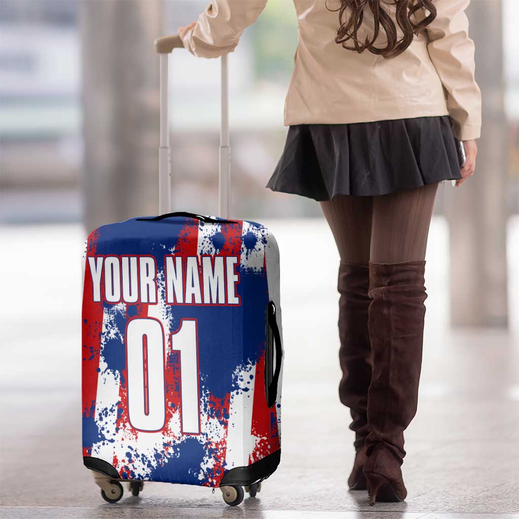 Moto X Skull Graphic Luggage Cover with Red White Blue Splatter and Custom Number Design - Wonder Print Shop