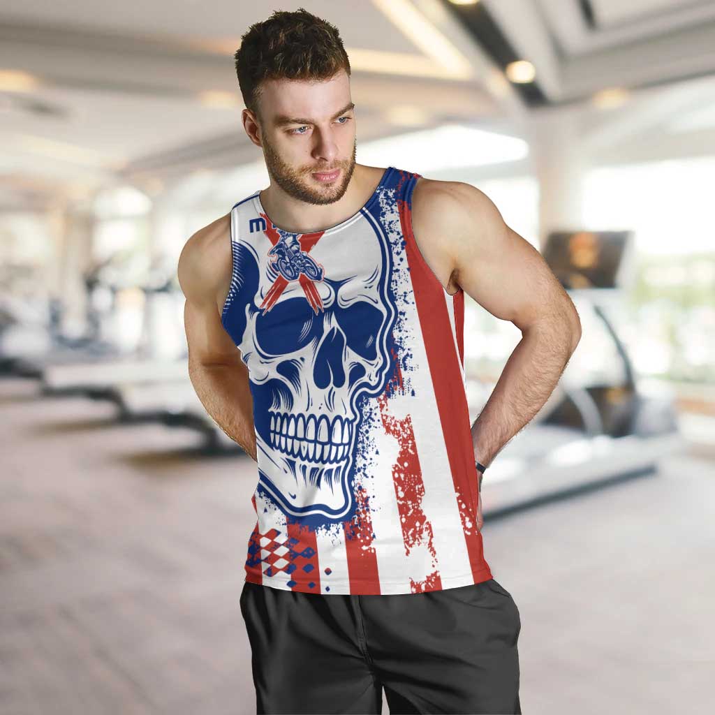 Moto X Skull Graphic Men Tank Top with Red White Blue Splatter and Custom Number Design - Wonder Print Shop