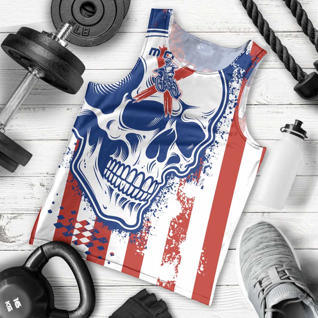 Moto X Skull Graphic Men Tank Top with Red White Blue Splatter and Custom Number Design - Wonder Print Shop