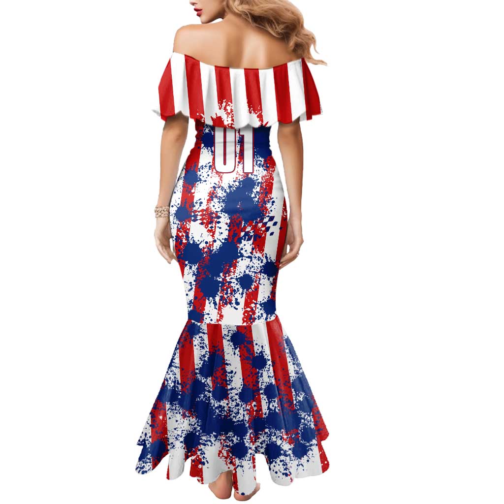 Moto X Skull Graphic Mermaid Dress with Red White Blue Splatter and Custom Number Design - Wonder Print Shop