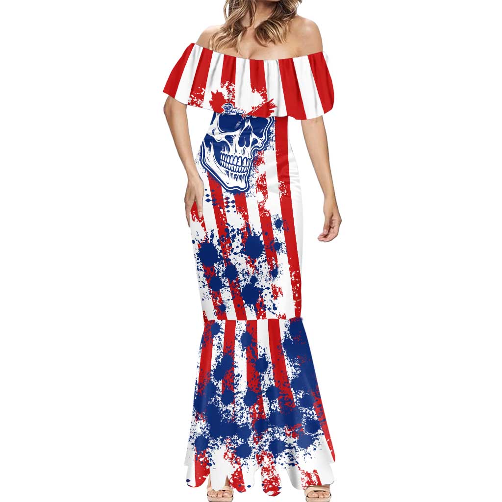 Moto X Skull Graphic Mermaid Dress with Red White Blue Splatter and Custom Number Design - Wonder Print Shop