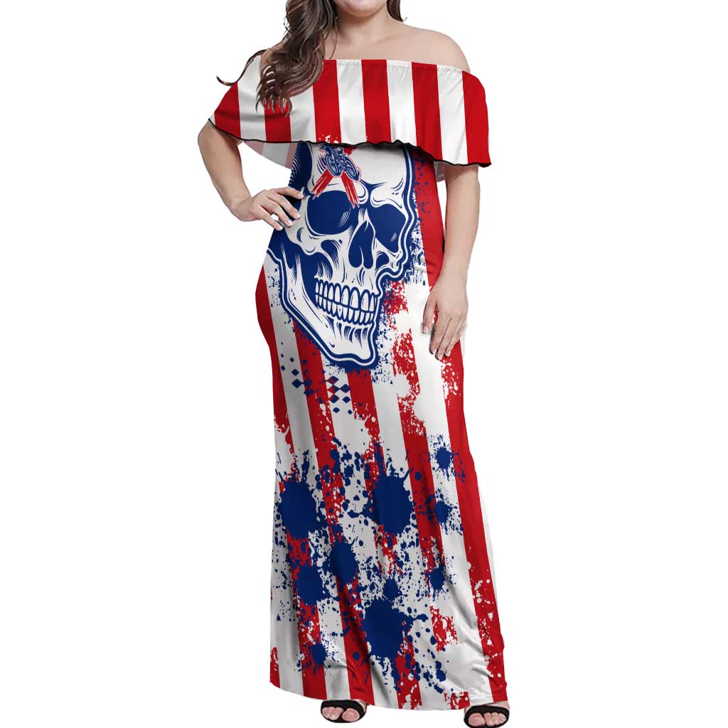 Moto X Skull Graphic Off Shoulder Maxi Dress with Red White Blue Splatter and Custom Number Design - Wonder Print Shop