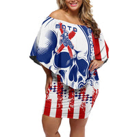 Moto X Skull Graphic Off Shoulder Short Dress with Red White Blue Splatter and Custom Number Design - Wonder Print Shop