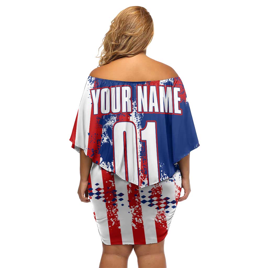 Moto X Skull Graphic Off Shoulder Short Dress with Red White Blue Splatter and Custom Number Design - Wonder Print Shop