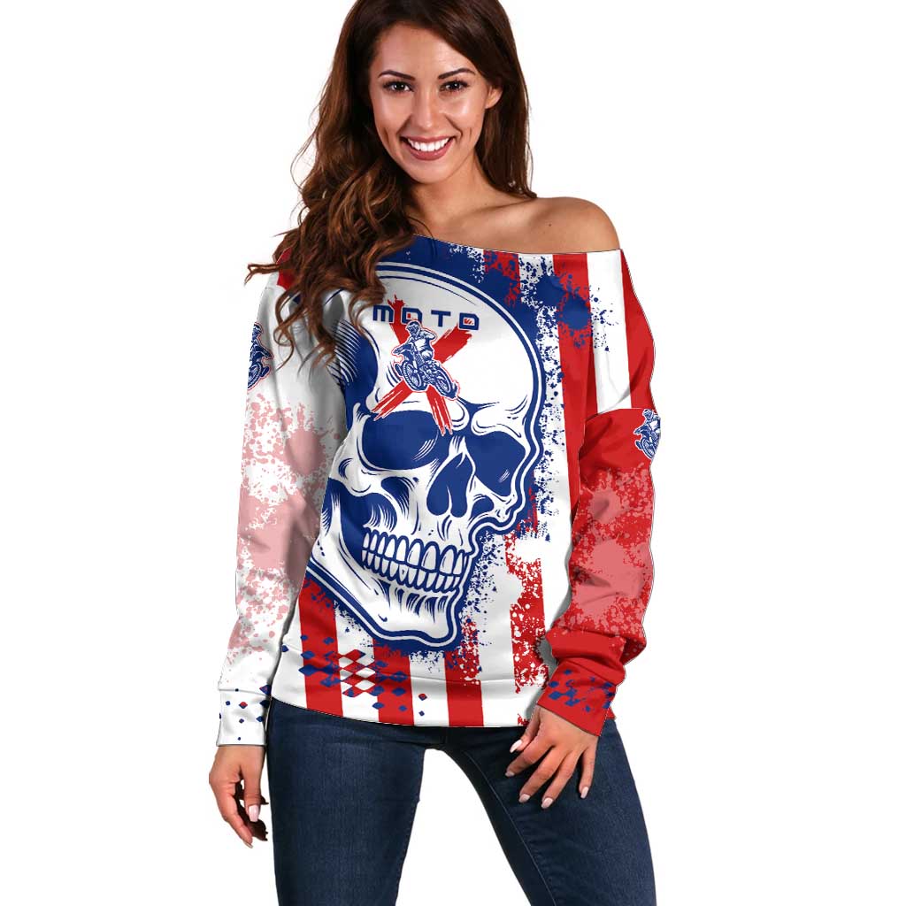 Moto X Skull Graphic Off Shoulder Sweater with Red White Blue Splatter and Custom Number Design - Wonder Print Shop