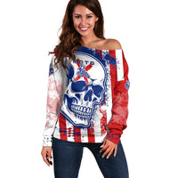 Moto X Skull Graphic Off Shoulder Sweater with Red White Blue Splatter and Custom Number Design - Wonder Print Shop