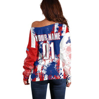 Moto X Skull Graphic Off Shoulder Sweater with Red White Blue Splatter and Custom Number Design - Wonder Print Shop
