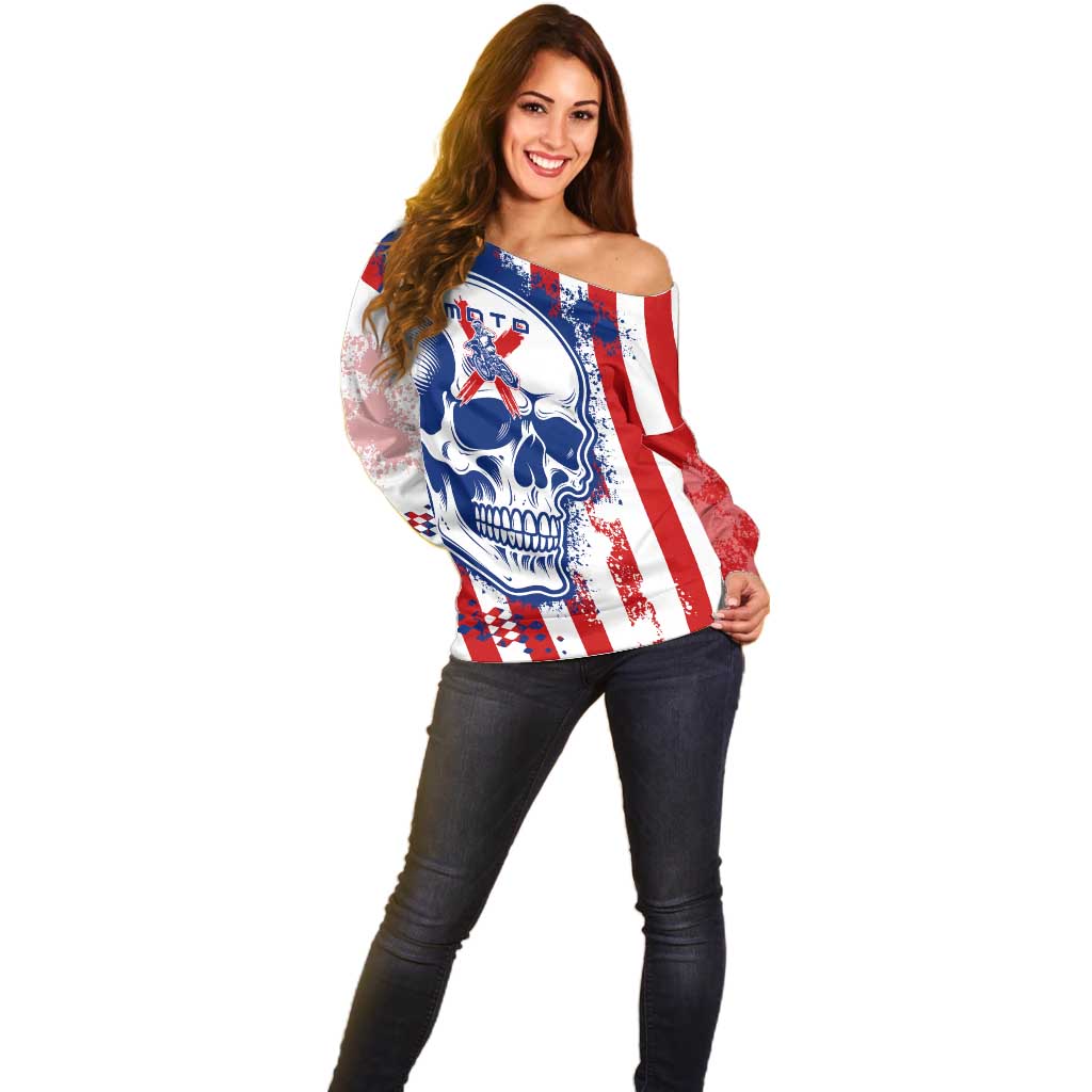 Moto X Skull Graphic Off Shoulder Sweater with Red White Blue Splatter and Custom Number Design - Wonder Print Shop
