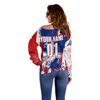 Moto X Skull Graphic Off Shoulder Sweater with Red White Blue Splatter and Custom Number Design - Wonder Print Shop