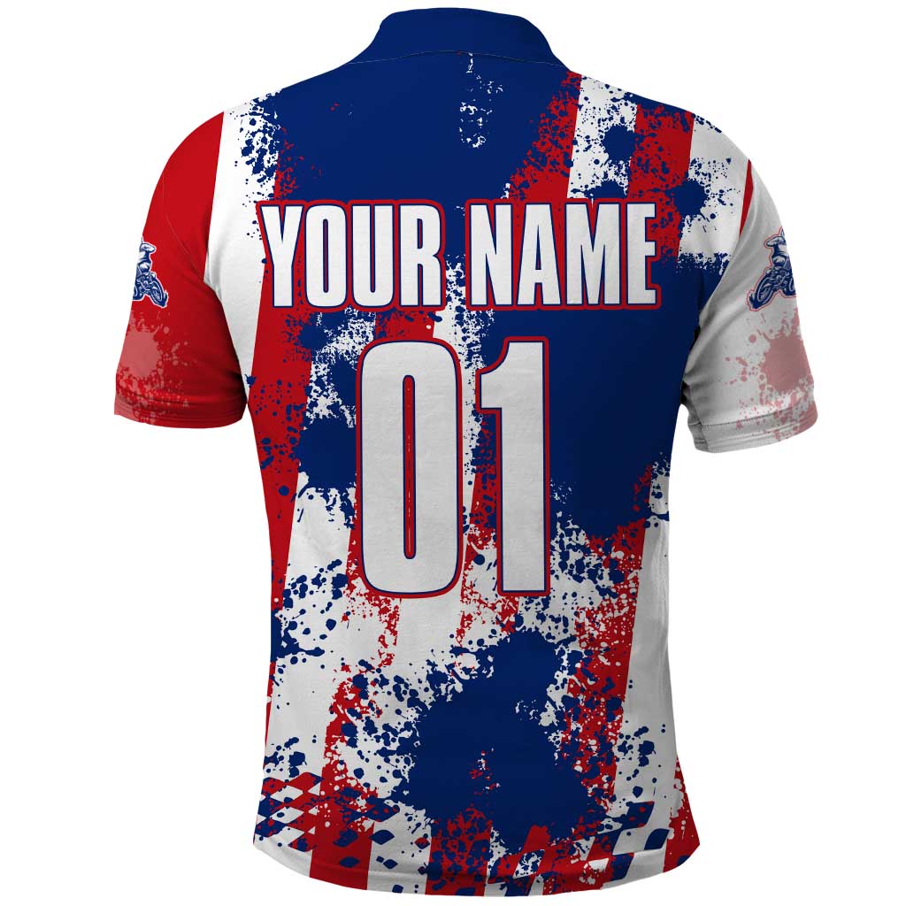 Moto X Skull Graphic Polo Shirt with Red White Blue Splatter and Custom Number Design - Wonder Print Shop