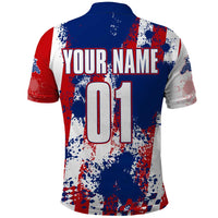 Moto X Skull Graphic Polo Shirt with Red White Blue Splatter and Custom Number Design - Wonder Print Shop