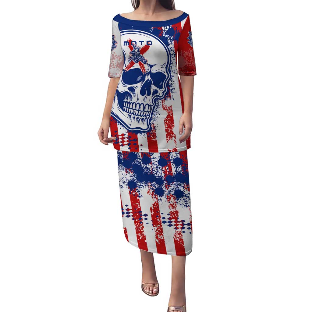 Moto X Skull Graphic Puletasi with Red White Blue Splatter and Custom Number Design - Wonder Print Shop